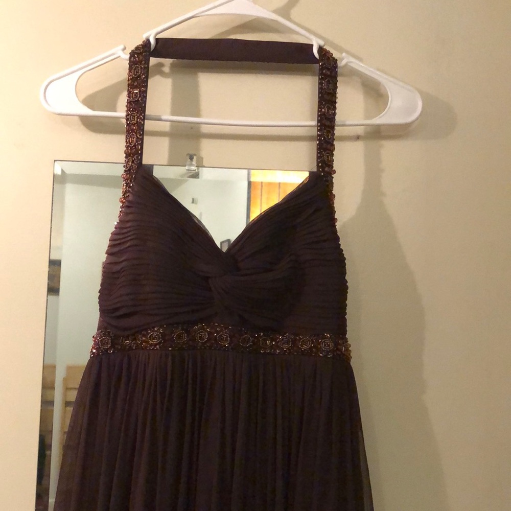 Brown and gold beaded floor length halter dress
